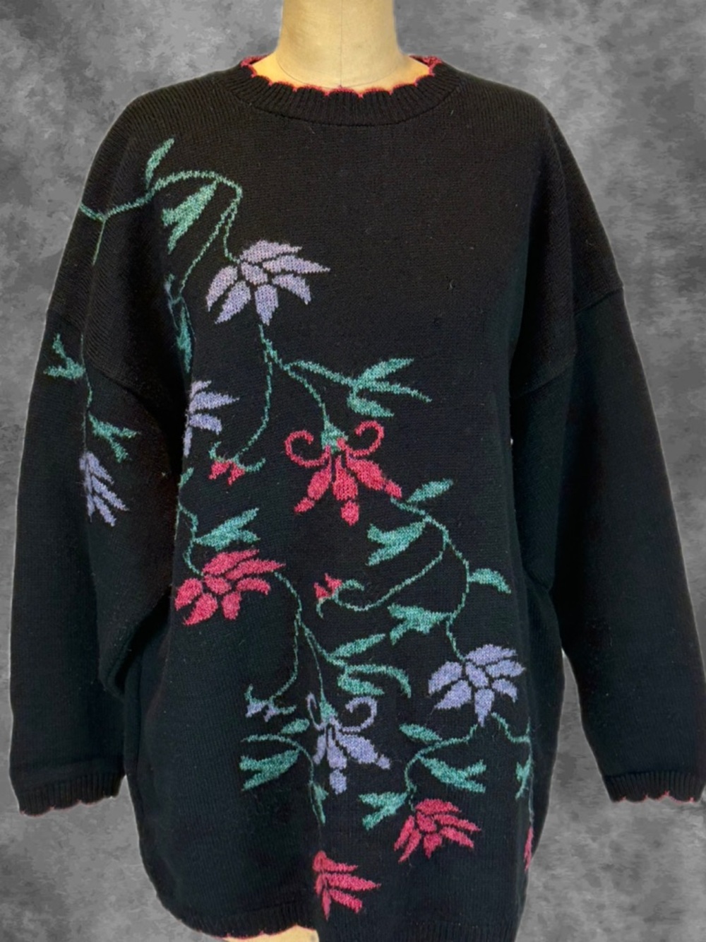 VINTAGE 80s vining flower knit graphic sweater tunic moody‎ woodland floral plus